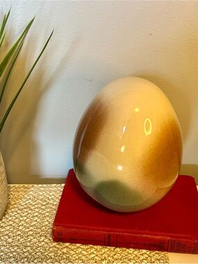 Vintage Pottery Egg Sculpture Soft Sage Blush Glaze 6”